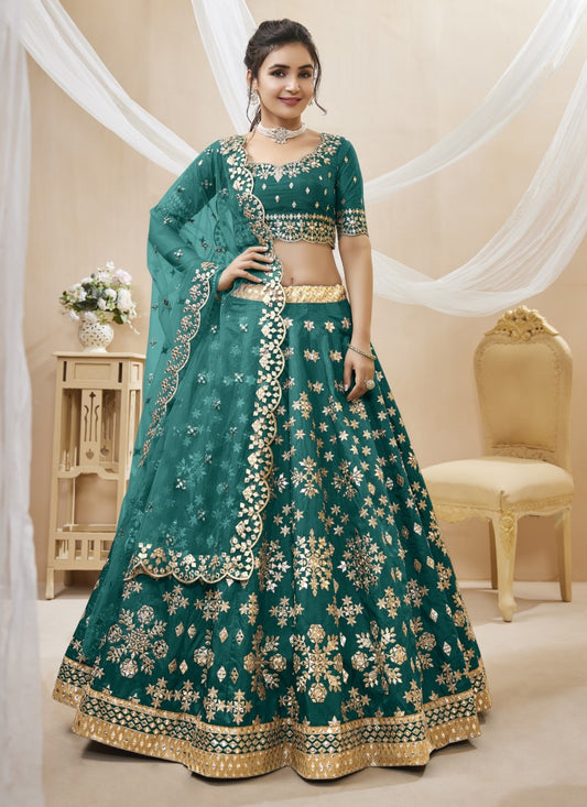 Green Art Silk Lehenga Choli with Embroidery and Sequins Work