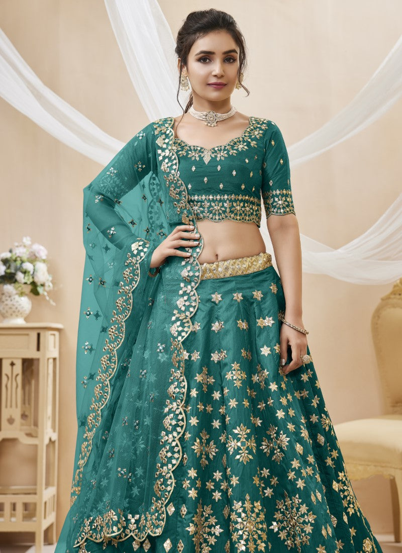 Green Art Silk Lehenga Choli with Embroidery and Sequins Work-2