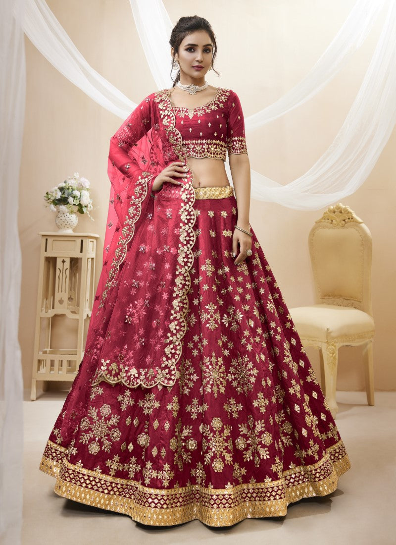 Red Art Silk Lehenga Choli with Embroidery and Sequins Work