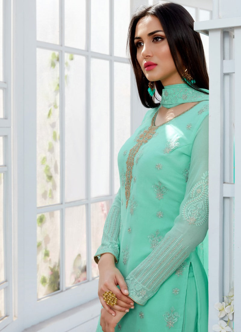 Sea Green Sharara Suit With Embroidery Work