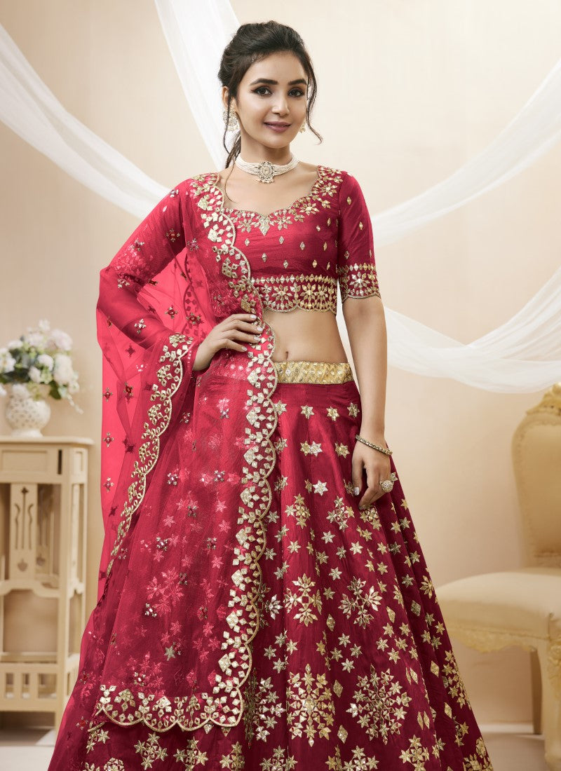 Red Art Silk Lehenga Choli with Embroidery and Sequins Work-2