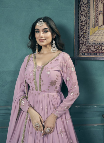 Pink Georgette Long Anarkali Gown With Sequins and Embroidery Work