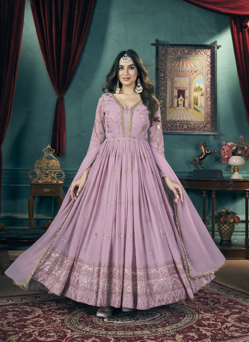 Pink Georgette Long Anarkali Gown With Sequins and Embroidery Work