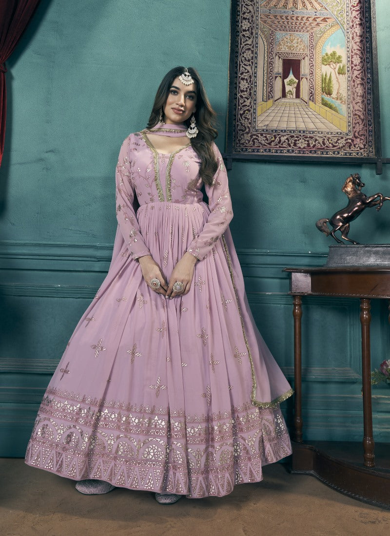 Pink Georgette Long Anarkali Gown With Sequins and Embroidery Work