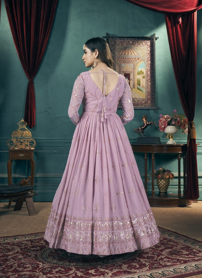 Pink Georgette Long Anarkali Gown With Sequins and Embroidery Work