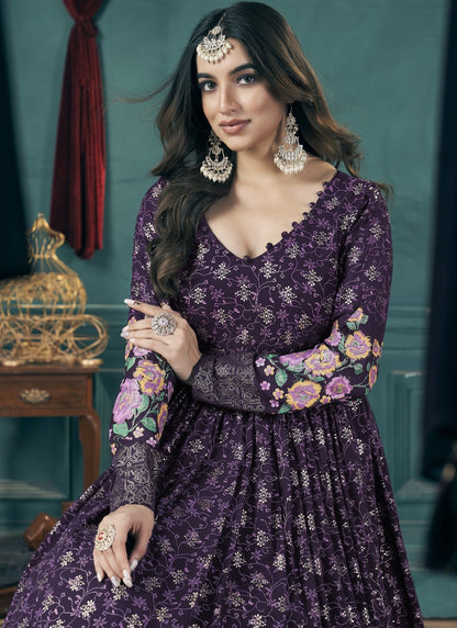 Purple Georgette Anarkali Gown With Sequins and Embroidery Work