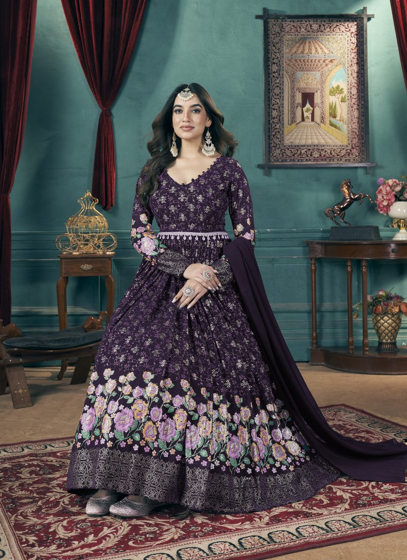 Purple Georgette Anarkali Gown With Sequins and Embroidery Work