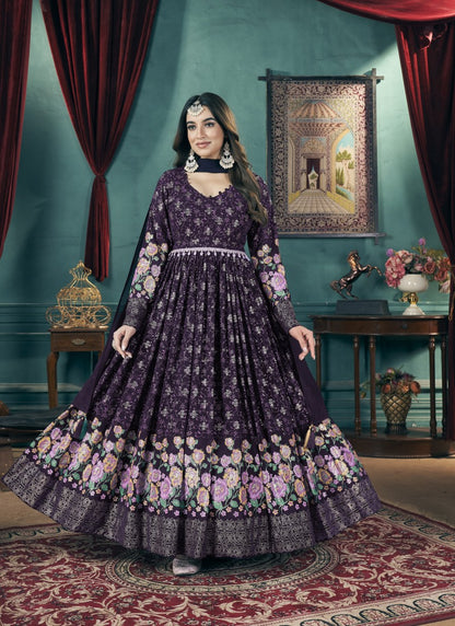 Purple Georgette Anarkali Gown With Sequins and Embroidery Work