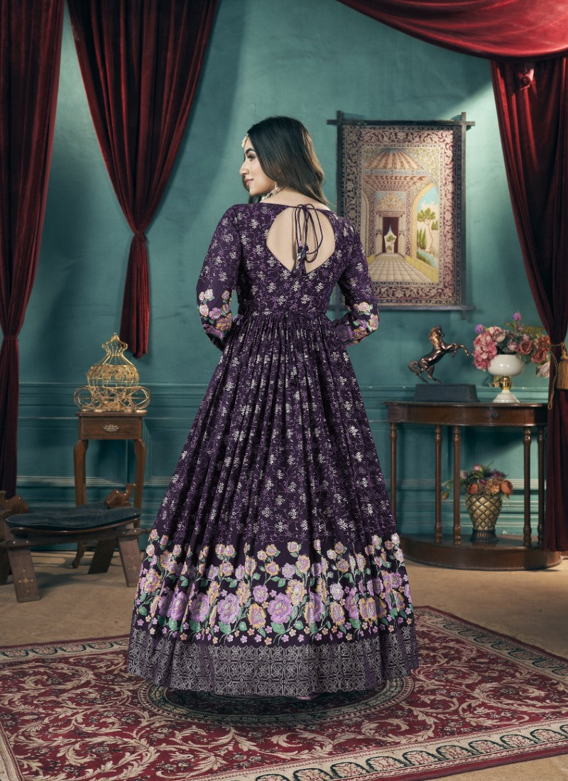 Purple Georgette Anarkali Gown With Sequins and Embroidery Work