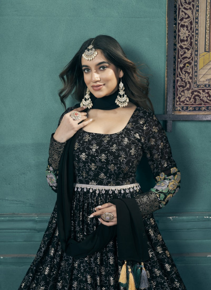 Black Georgette Anarkali Gown With Sequins and Embroidery Work