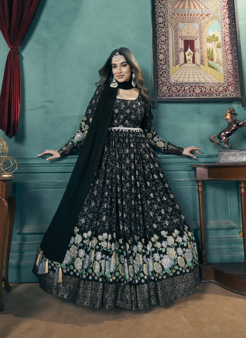 Black Georgette Anarkali Gown With Sequins and Embroidery Work