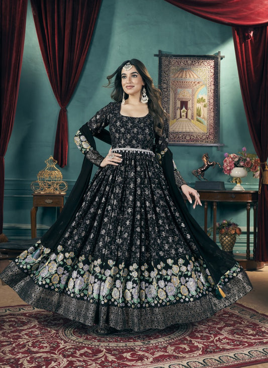 Black Georgette Anarkali Gown With Sequins and Embroidery Work