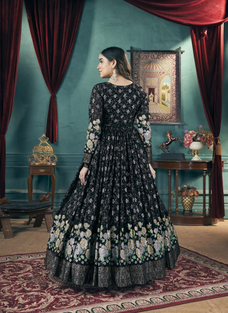 Black Georgette Anarkali Gown With Sequins and Embroidery Work