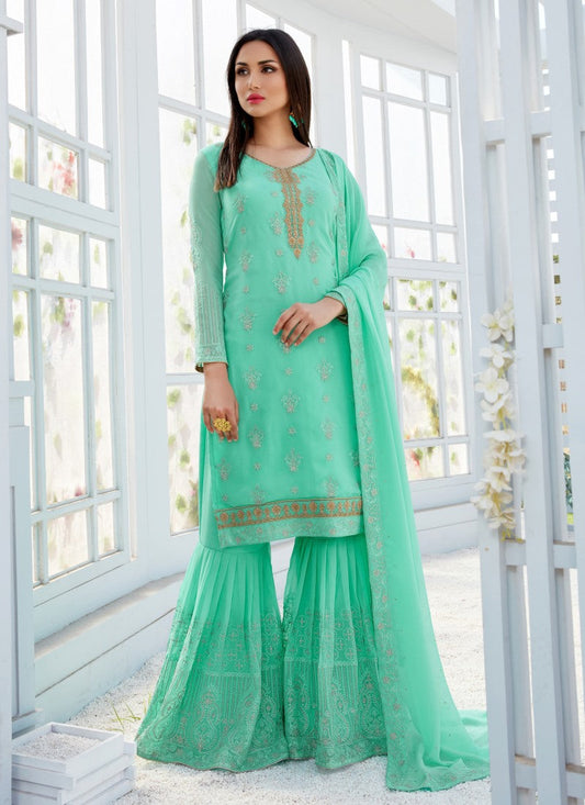 Sea Green Sharara Suit With Embroidery Work