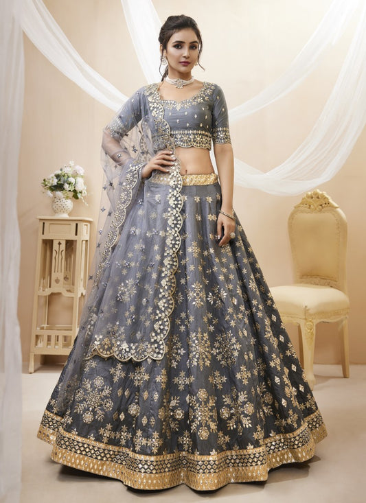 Gray Art Silk Lehenga Choli with Embroidery and Sequins Work