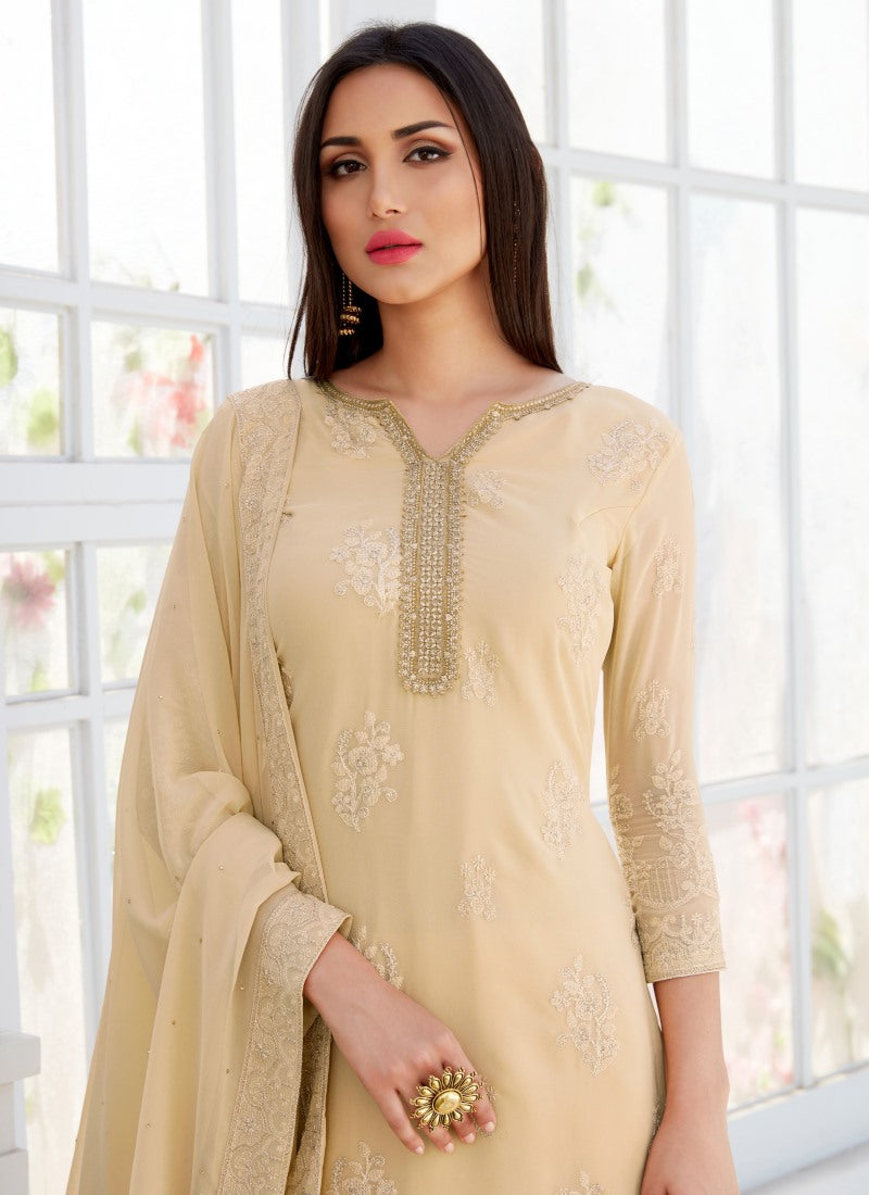 Beige Sharara Suit With Embroidery Work