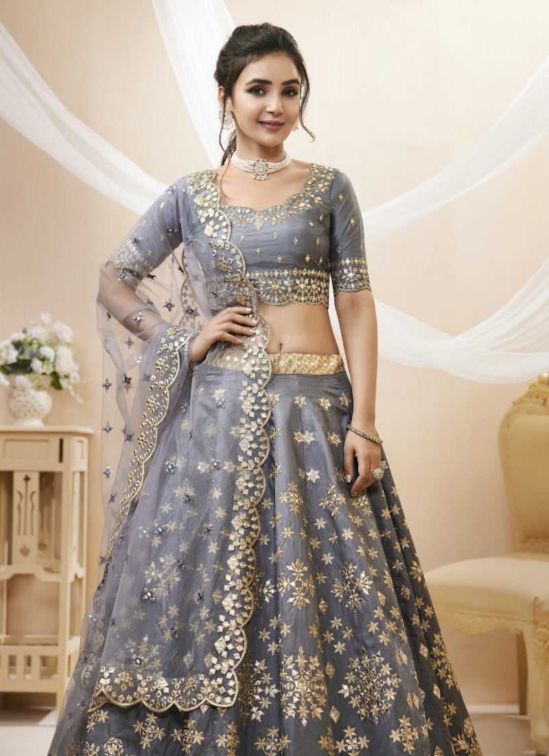 Gray Art Silk Lehenga Choli with Embroidery and Sequins Work-2