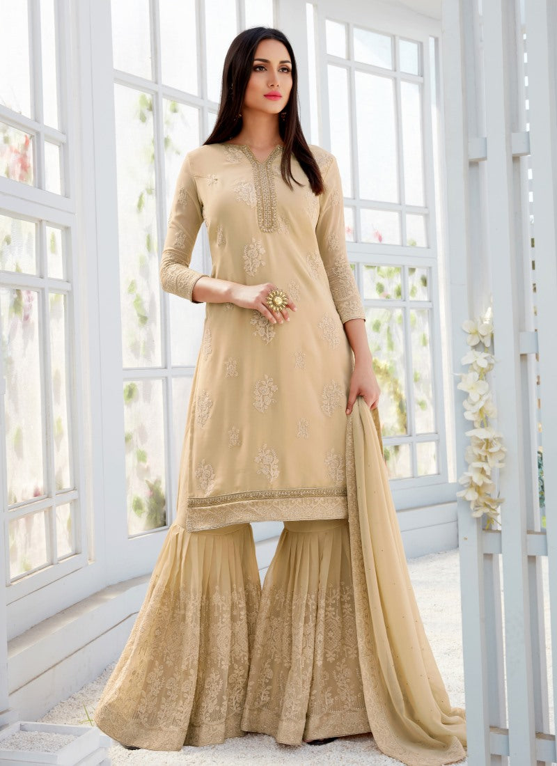 Beige Sharara Suit With Embroidery Work