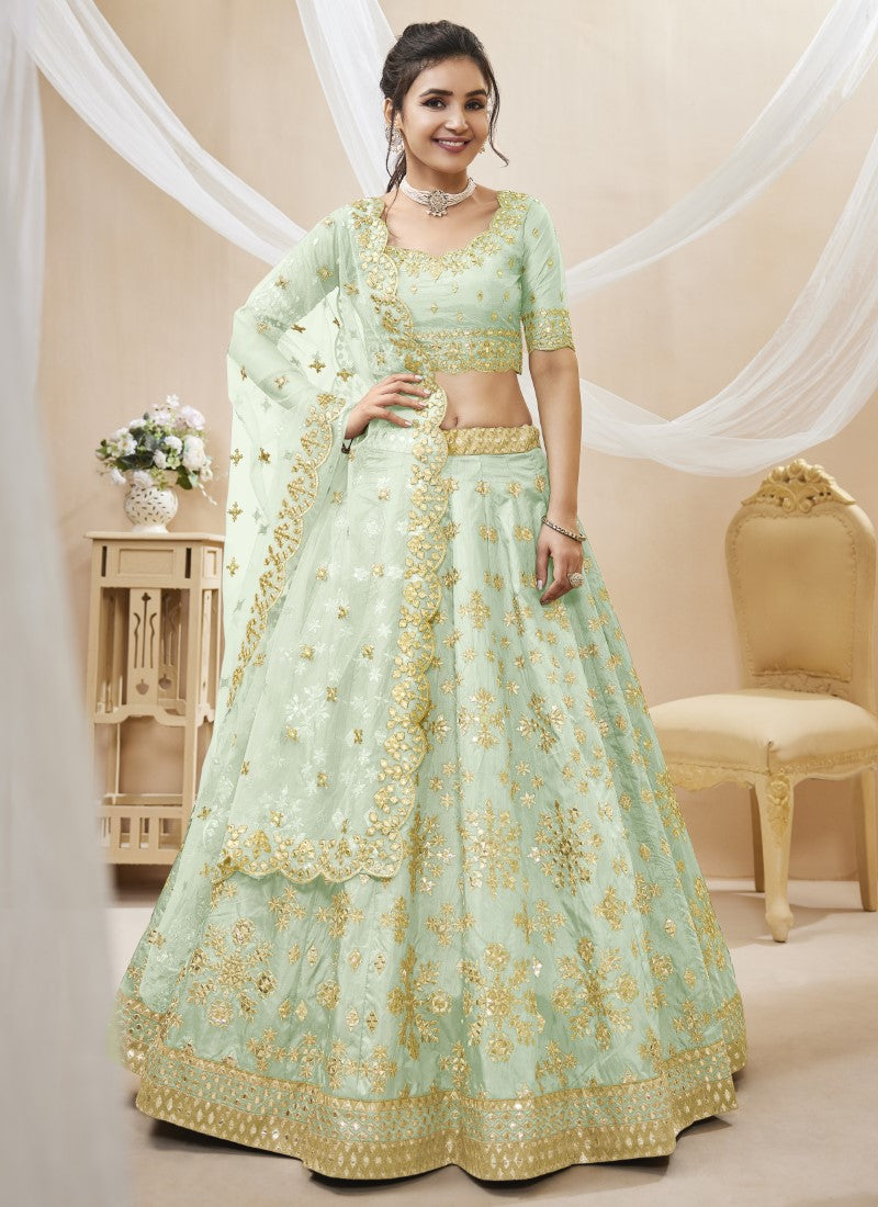 Light Green Art Silk Lehenga Choli with Embroidery and Sequins Work