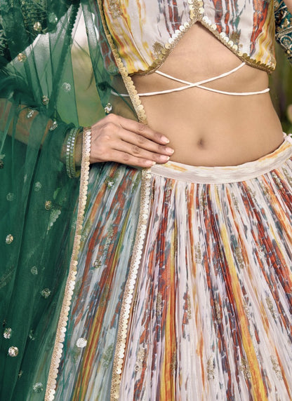 Green Chinon Lehenga Choli With Sequins, Zari and Embroidery Work