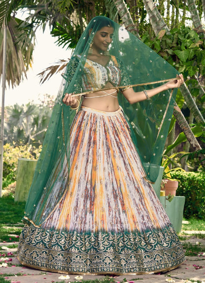 Green Chinon Lehenga Choli With Sequins, Zari and Embroidery Work