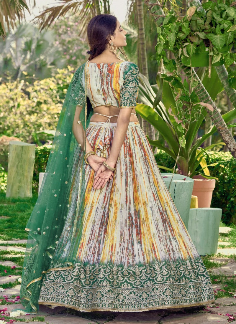 Green Chinon Lehenga Choli With Sequins, Zari and Embroidery Work