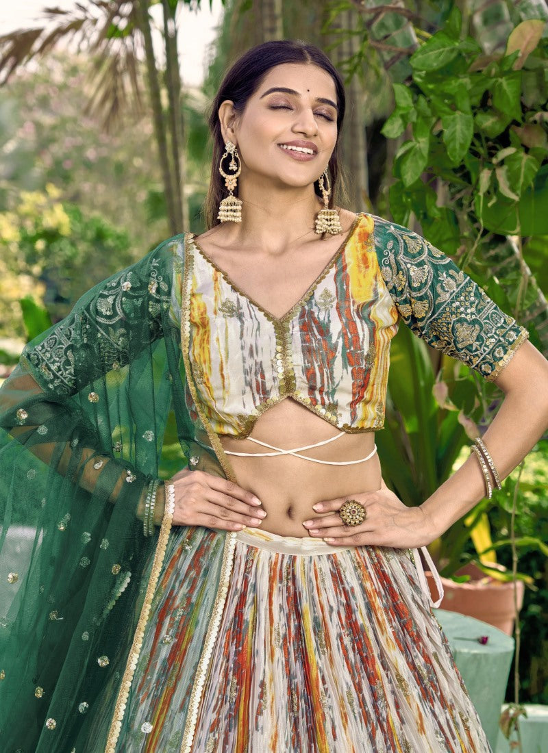 Green Chinon Lehenga Choli With Sequins, Zari and Embroidery Work