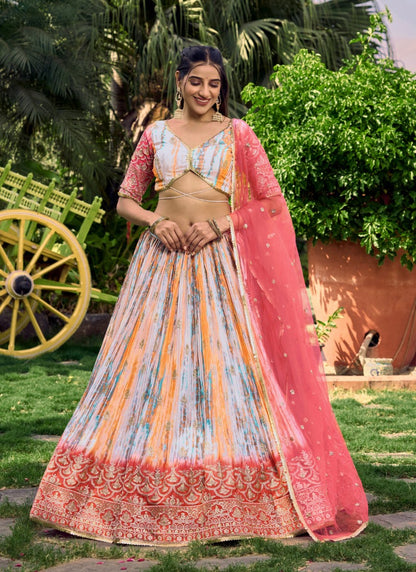 Pink Chinon Lehenga Choli With Sequins, Zari and Embroidery Work