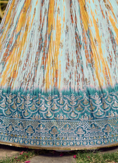 Blue Chinon Lehenga Choli With Sequins, Zari and Embroidery Work