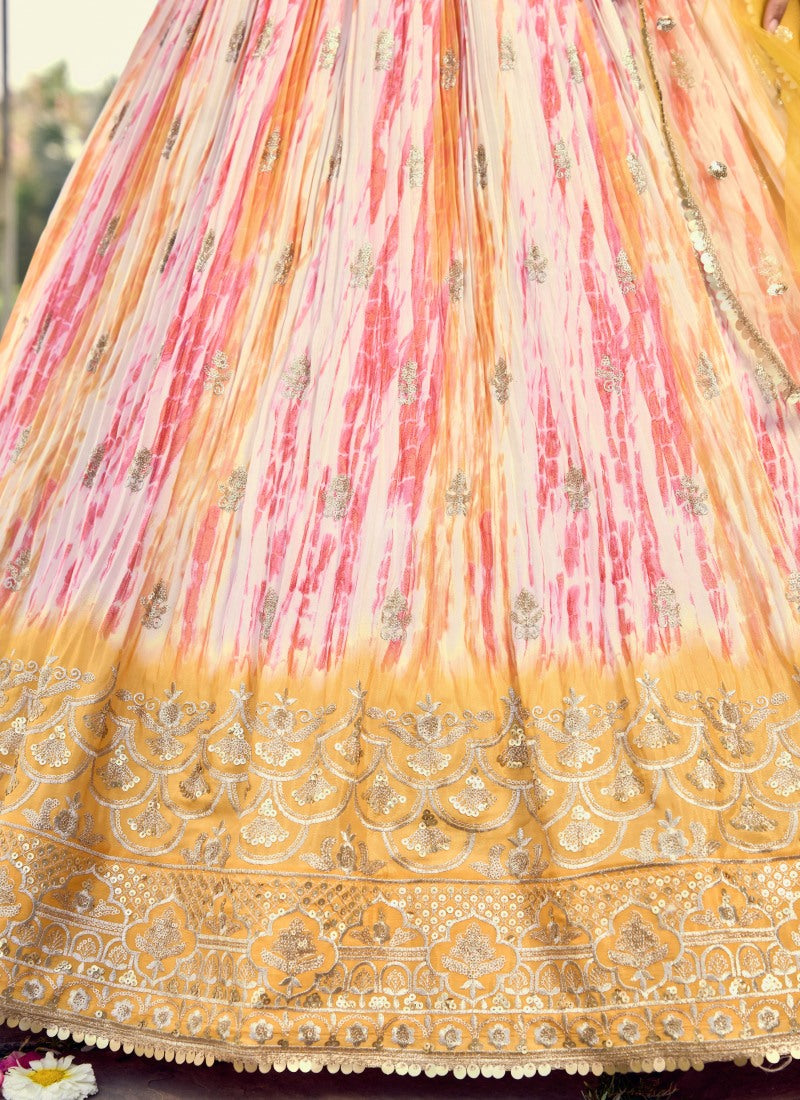 Yellow Chinon Lehenga Choli With Sequins, Zari and Embroidery Work