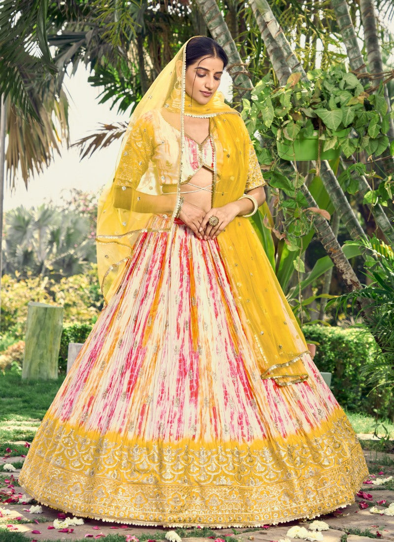 Yellow Chinon Lehenga Choli With Sequins, Zari and Embroidery Work