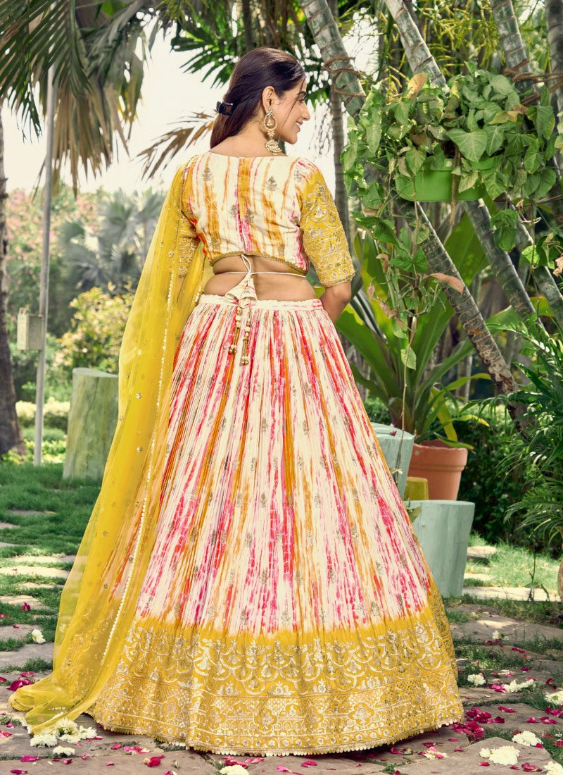 Yellow Chinon Lehenga Choli With Sequins, Zari and Embroidery Work