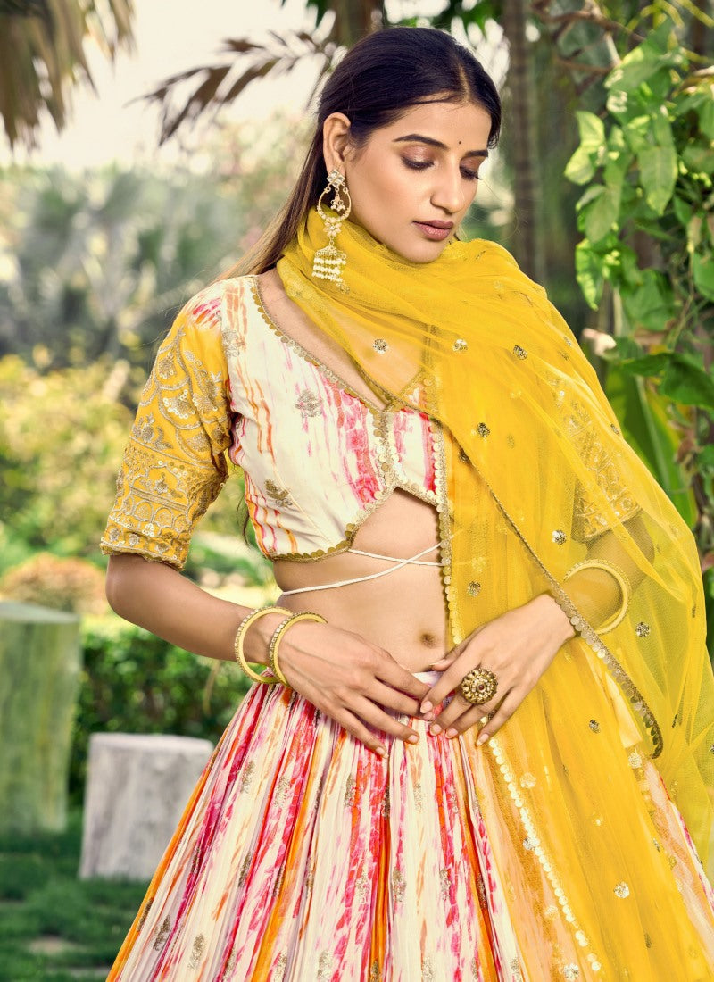 Yellow Chinon Lehenga Choli With Sequins, Zari and Embroidery Work