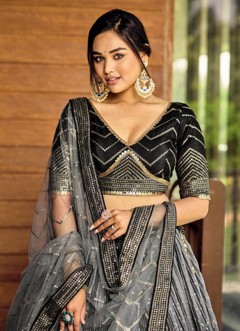 Black Lehenga Choli With Embroidered, Thread and Sequins Work