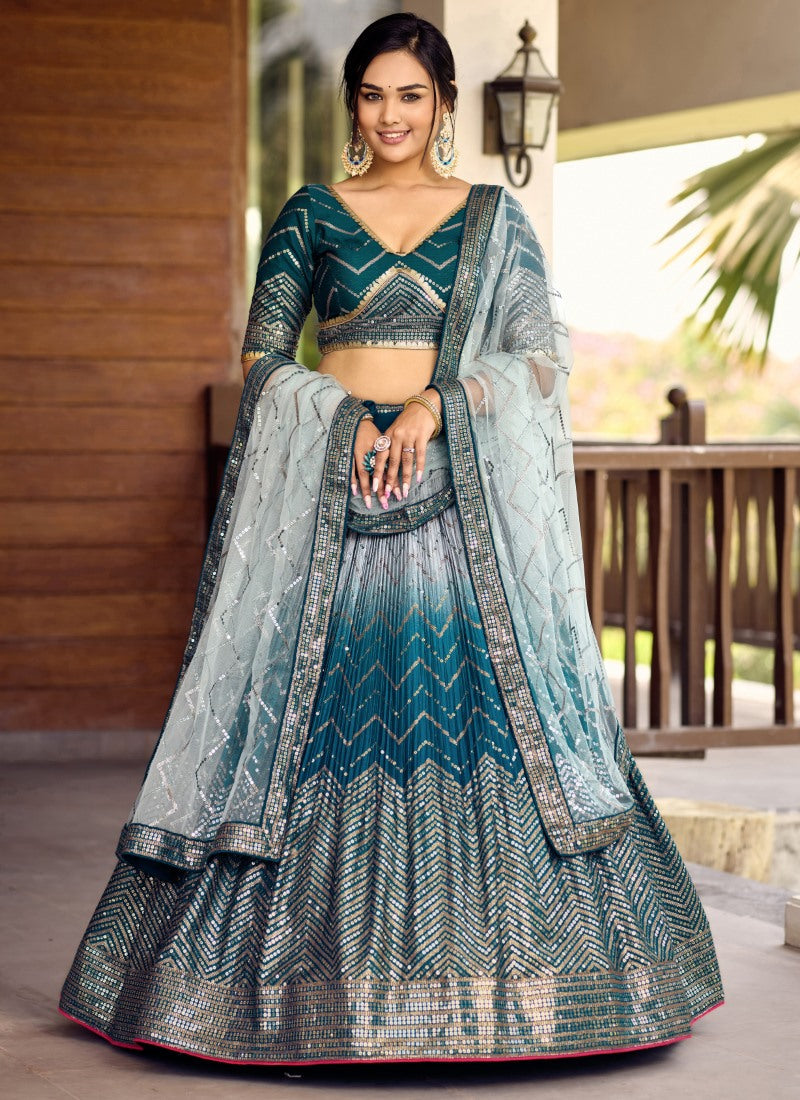 Blue Lehenga Choli With Embroidered, Thread and Sequins Work