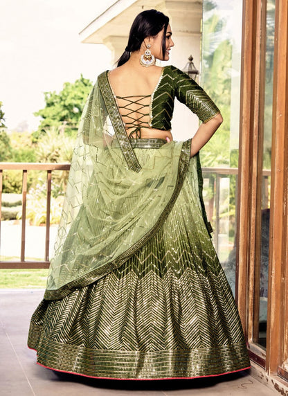 Green Lehenga Choli With Embroidered, Thread and Sequins Work