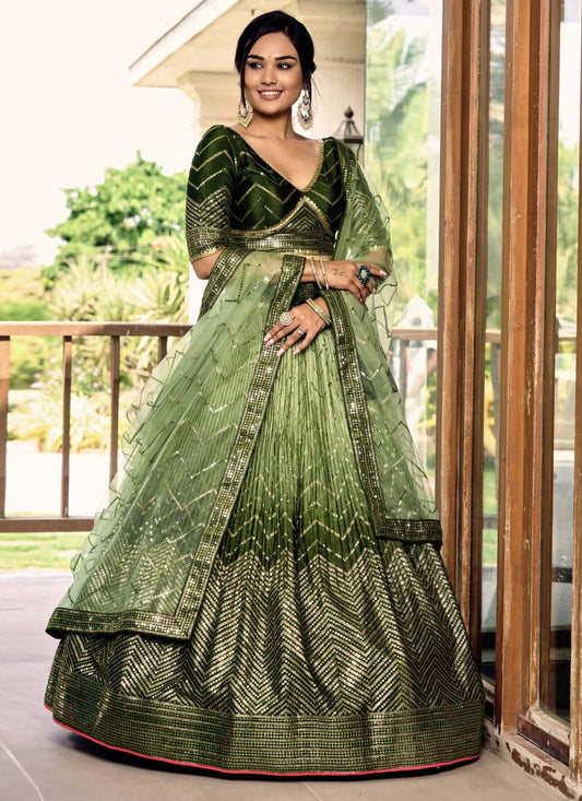Green Lehenga Choli With Embroidered, Thread and Sequins Work