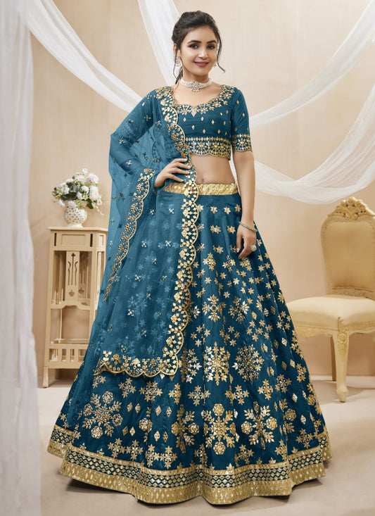 Teal Blue Art Silk Lehenga Choli with Embroidery and Sequins Work