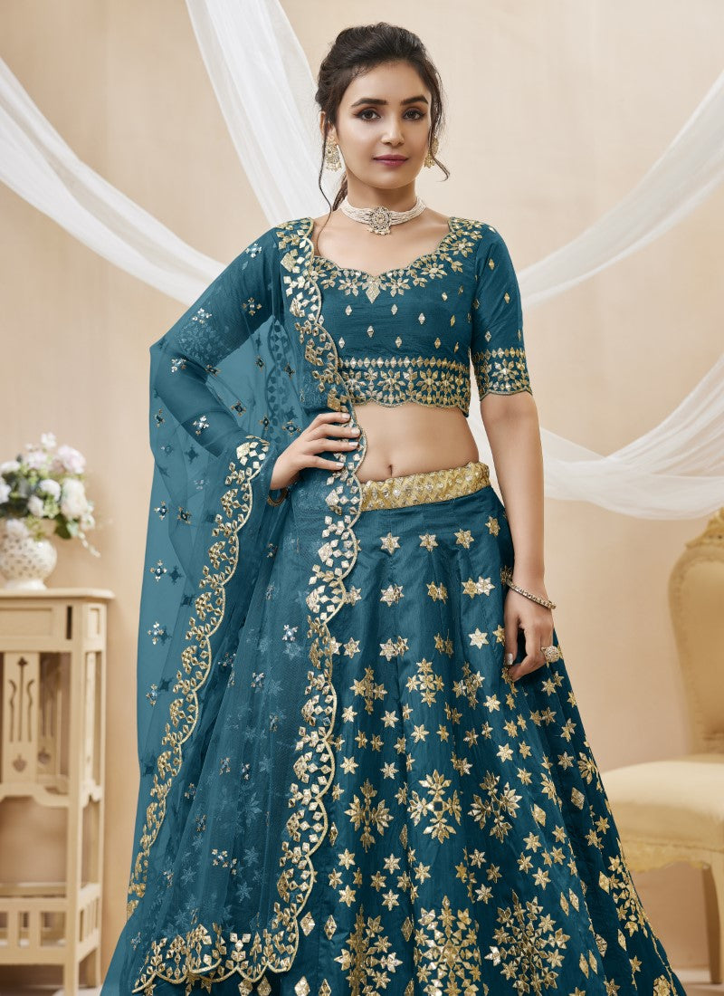 Teal Blue Art Silk Lehenga Choli with Embroidery and Sequins Work-2