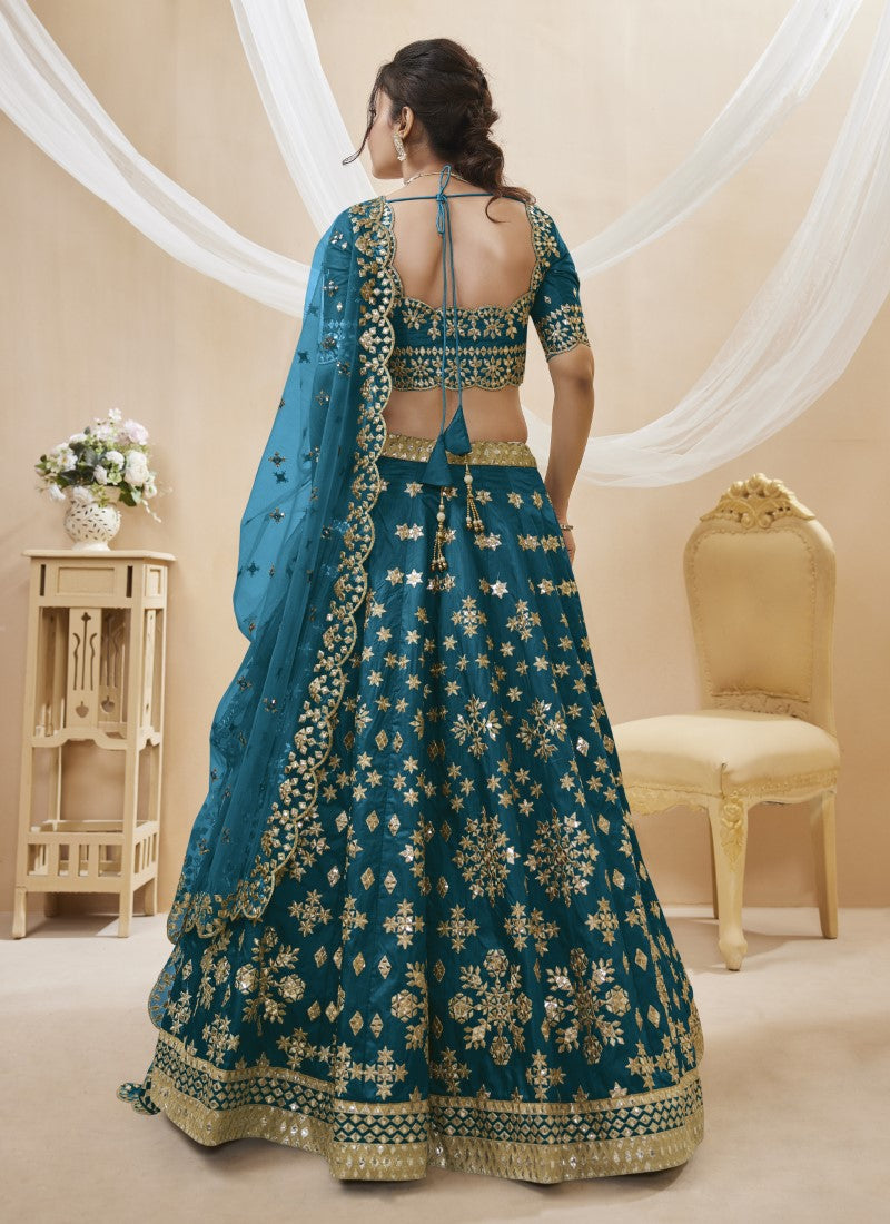 Teal Blue Art Silk Lehenga Choli with Embroidery and Sequins Work-2