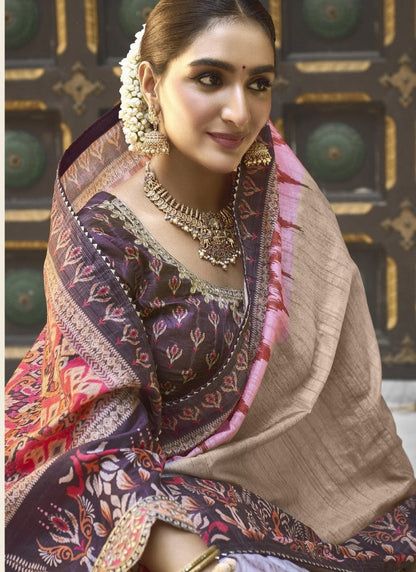 Beige Silk Heavy Work Saree