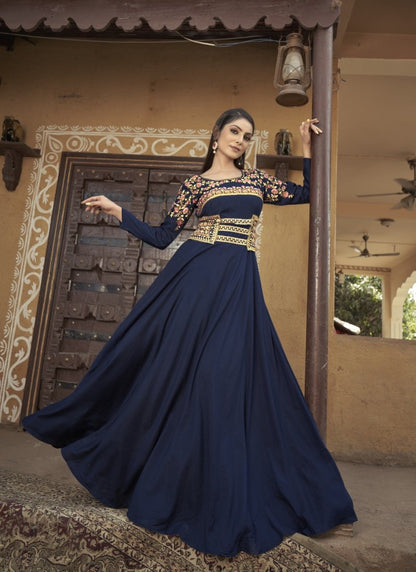 Navy Blue Maslin Embroidered Indo Western Gown-2