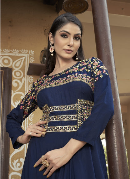 Navy Blue Maslin Embroidered Indo Western Gown-2