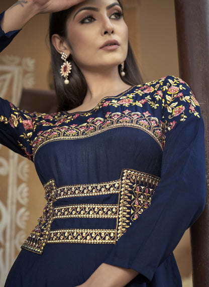 Navy Blue Maslin Embroidered Indo Western Gown-2