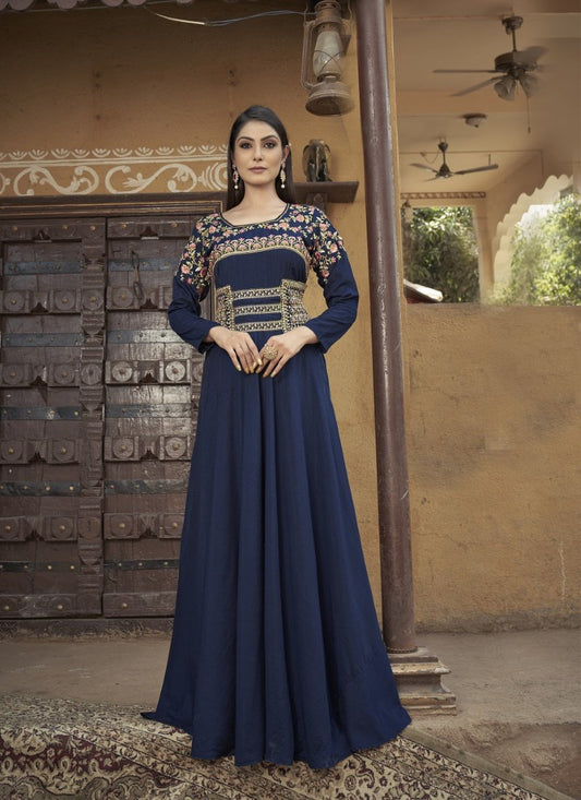 Navy Blue Maslin Embroidered Indo Western Gown