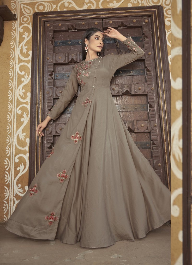 Brown Maslin Embroidered Indo Western Gown-2