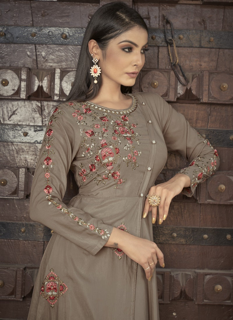 Brown Maslin Embroidered Indo Western Gown-2