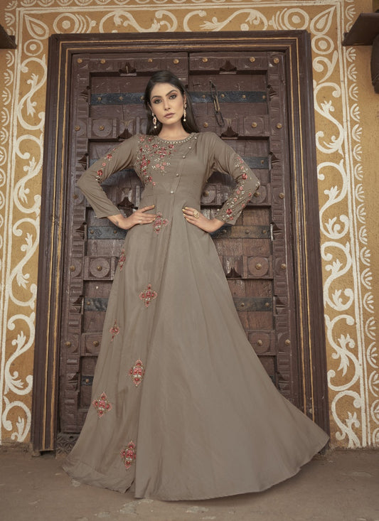 Brown Maslin Embroidered Indo Western Gown