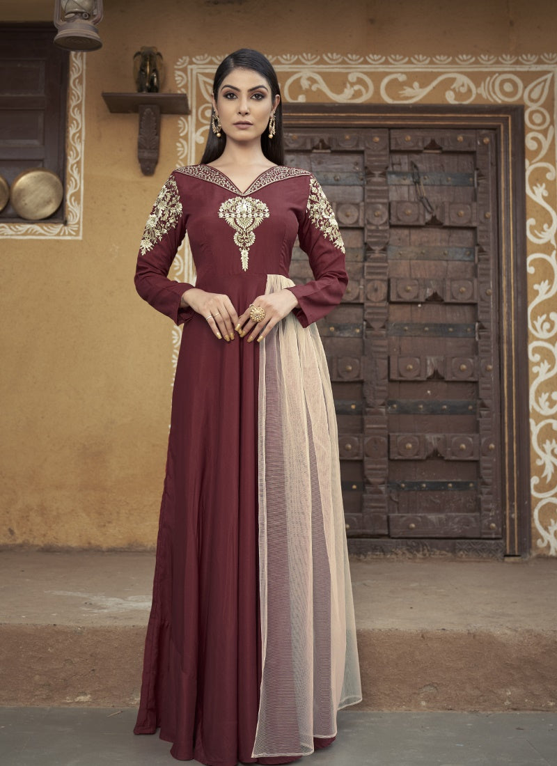 Maroon Maslin Embroidered Indo Western Gown