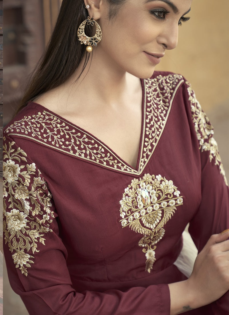 Maroon Maslin Embroidered Indo Western Gown-2